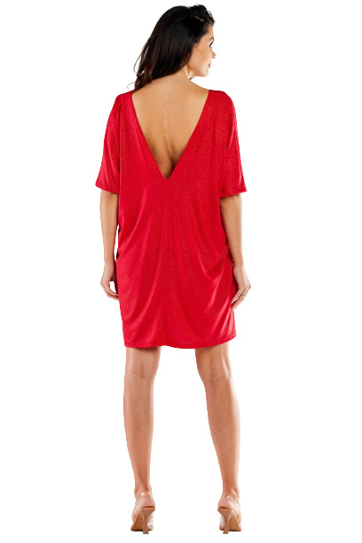 Sukienka lużna mini brokatowa dekolt V krótki rękaw czerwona